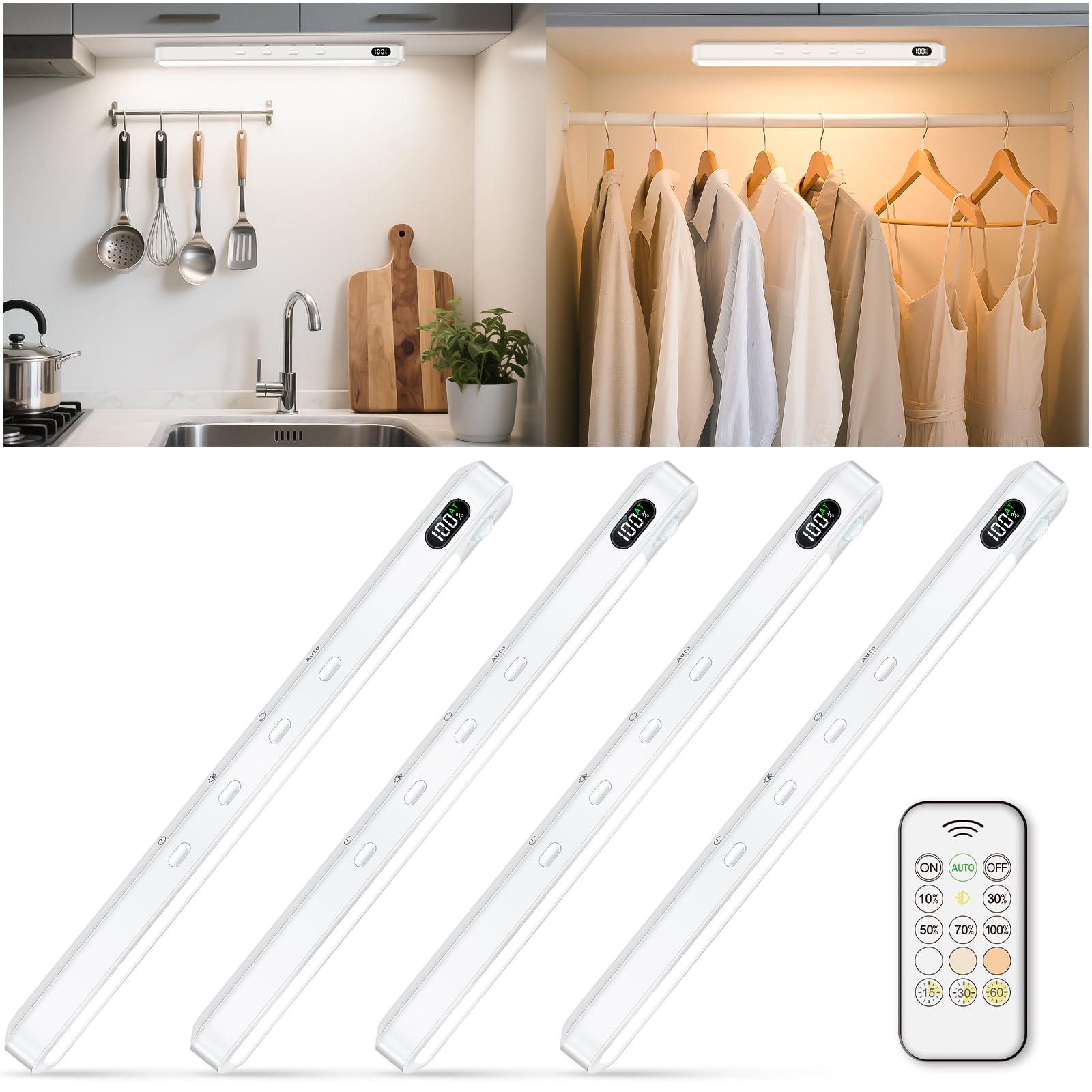 Photo 1 of WILLED Under Cabinet & Closet Lights with Remote, Motion Sensor, Rechargeable, Magnetic, 3 Color Temps, Dimmable LED Light Bar for Indoor Kitchen Counter (4 Pack, White)