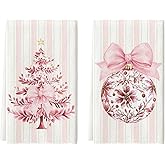 Artoid Mode Pink Stripe Xmas Tree Christmas Kitchen Towels Dish Towels, 18x26 Inch Farmhouse Ornaments Winter Decoration Cleaning Set of 2