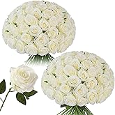 Tifuly 50pcs Roses Artificial Flowers Bulk,Realistic Long Stem Fake Silk Roses for Wedding Centerpiece Table Vases Party Home Kitchen DIY Bouquets Decor（Off White）