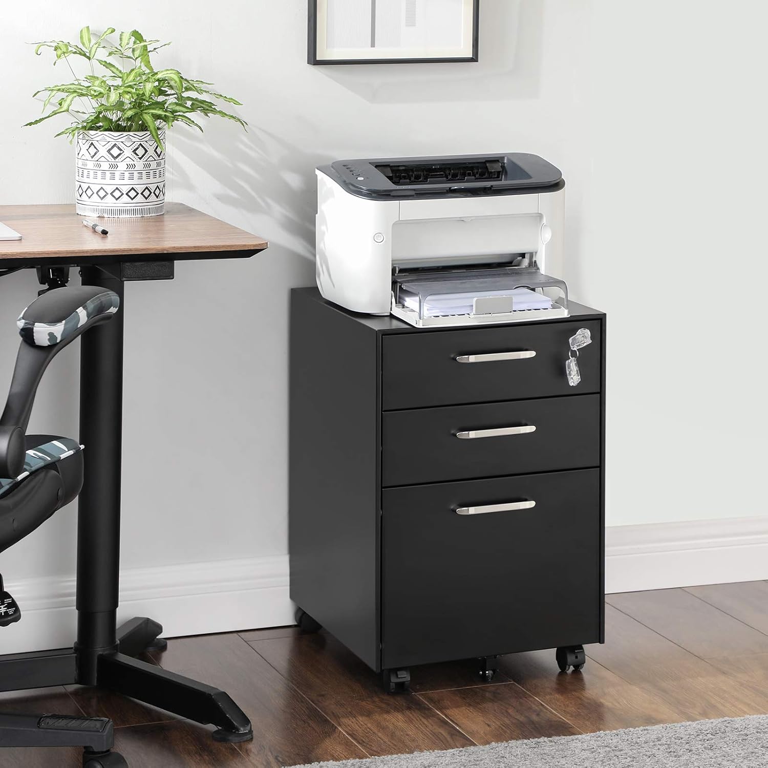 SONGMICS 3 Drawer File Cabinet, Mobile Steel Office Cabinet on Wheels, with Lock, for A4, Legal/Letter Sized Documents, Hanging File Folders, Black UOFC010B01: Kitchen & Dining