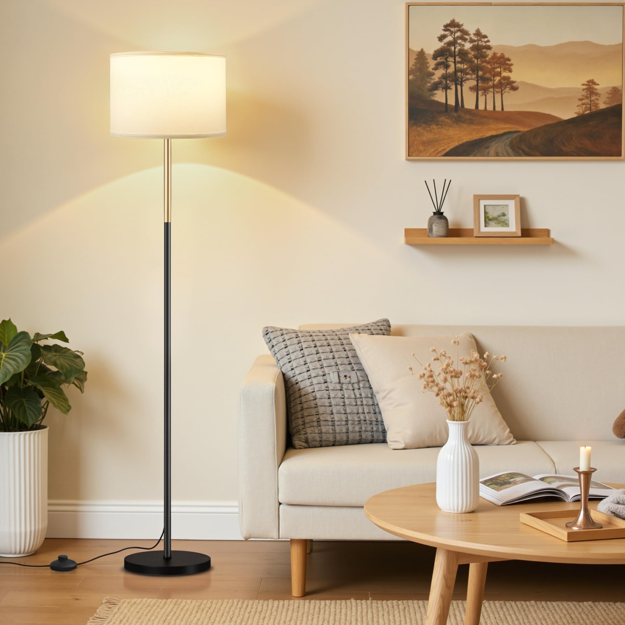 Ambimall 60'' Modern Floor Lamp with Shade, Tall Lamps for Living Room, Bedroom, Office, Dining Room, Gold & Black Lamp Pole(Without Bulb) Image