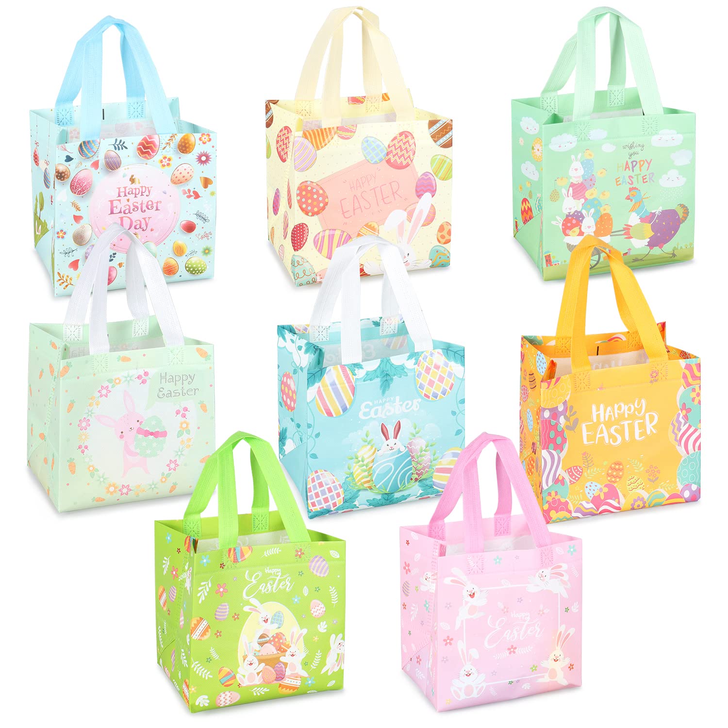 Happy Easter Egg Hunt Bags, 8PCS Easter Bunny Carrot Chick Egg Bags with Handles, Easter Treat Bags, Non-Woven Easter Bags for Gifts Wrapping, Egg Hunt, Easter Party Supplies, 21×20×15cm