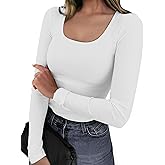 YOGINGO Womens Basic Long Sleeve Ribbed Knit Shirts Scoop Neck Fitted Casual Tops Slim Fit Going Out T-Shirts