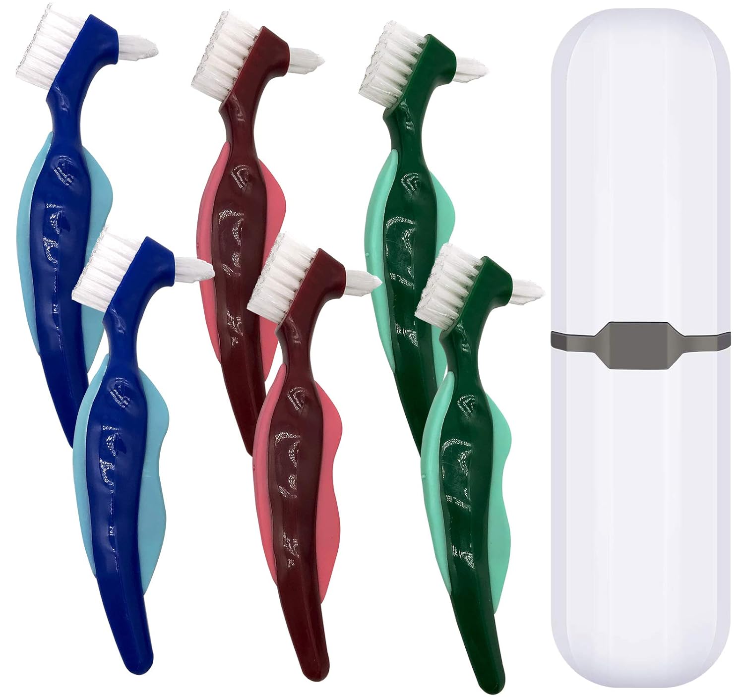 6 Pcs Premium Hard Denture Brush Toothbrush with Premium Carrying Case , Multi-Layered Bristles & Portable Denture Double Sided Brush for Denture Care: Health & Personal Care