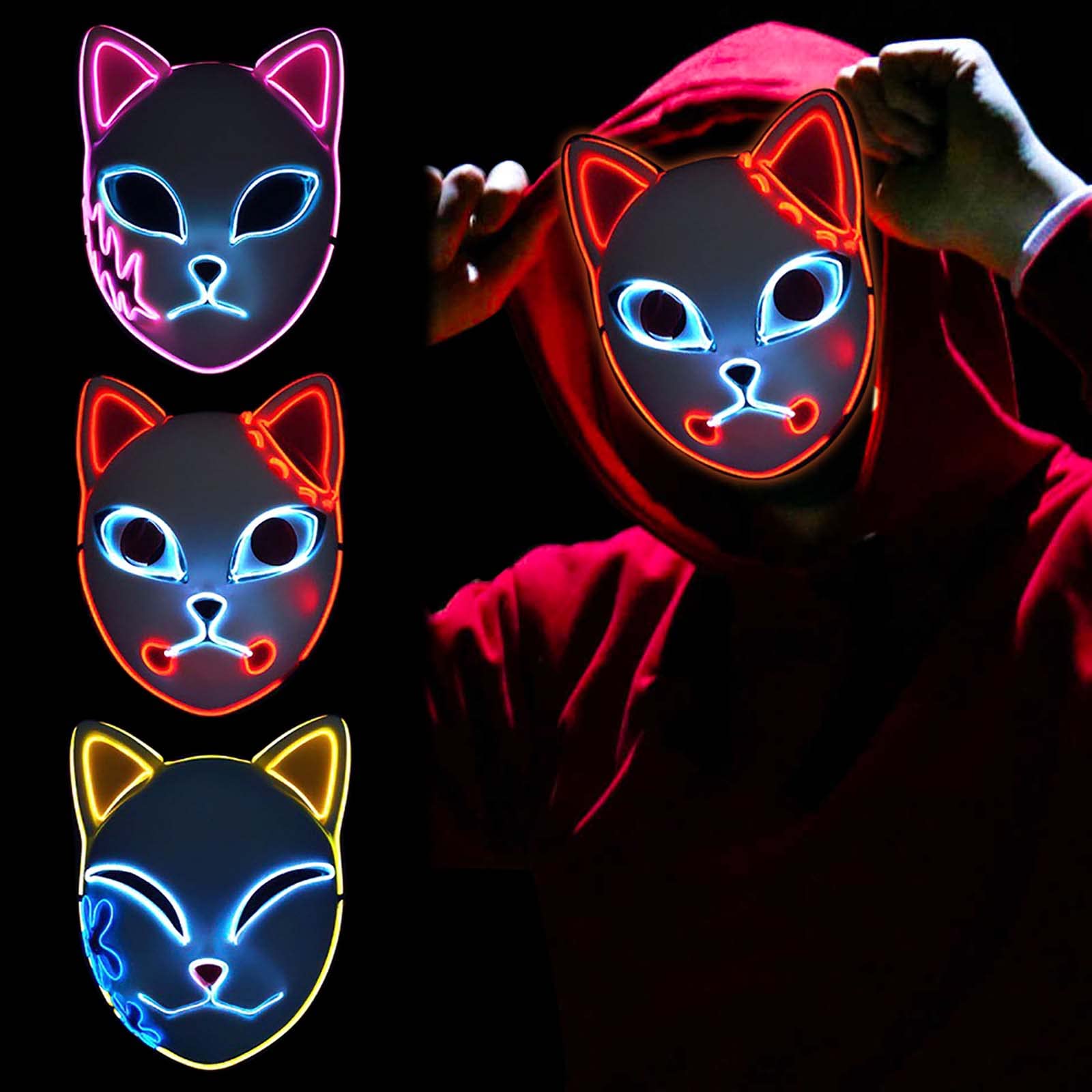 SINSEN 3PCS Demon Slayer Fox Mask LED Cosplay Cat Mask Japanese Anime Halloween Costume Props for Adults (3 PCS)