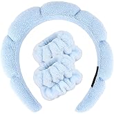 CAVETEE Skincare Headband for Washing Face, Spa Headband and Wristband Set Bubble Sponge Skin Care Head band Soft Puffy Terry Cloth Hair Accessories for Women (Blue, one size)