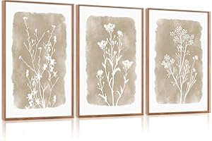 CHDITB Botanical Farmhouse Wall Art Set, Framed Boho Plant Wall Decor, Neutral Minimalist Floral Wall Painting, Rustic Wildfl