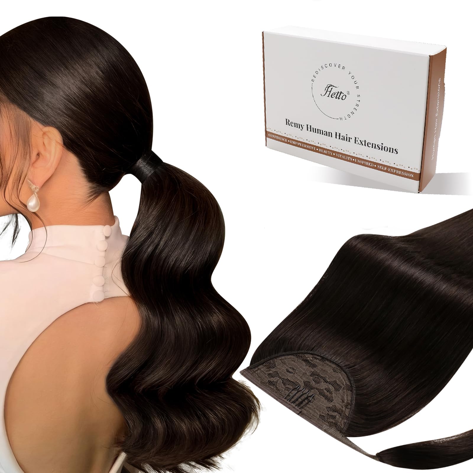 Hetto Ponytail Hair Extensions Human Hair Dark Brown Real Hair Ponytail Extension for Women Straight Easy to Wear Clip in Hairpiece for Daily Use #2 14 Inch 70g — image 1