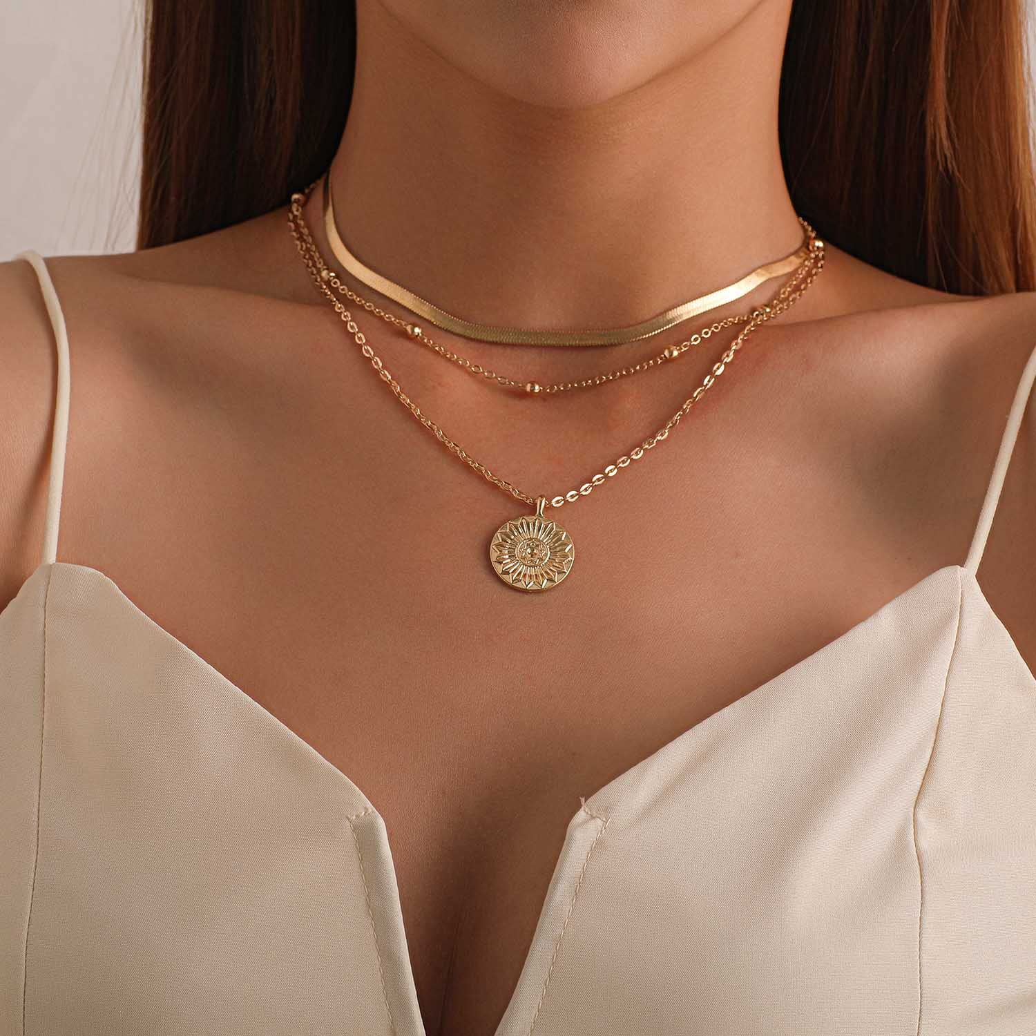 Carufin Layered Lotus Pendant Necklaces Bead Choker Necklace Chain Adjustable Jewelry for Women and Girls (Gold)