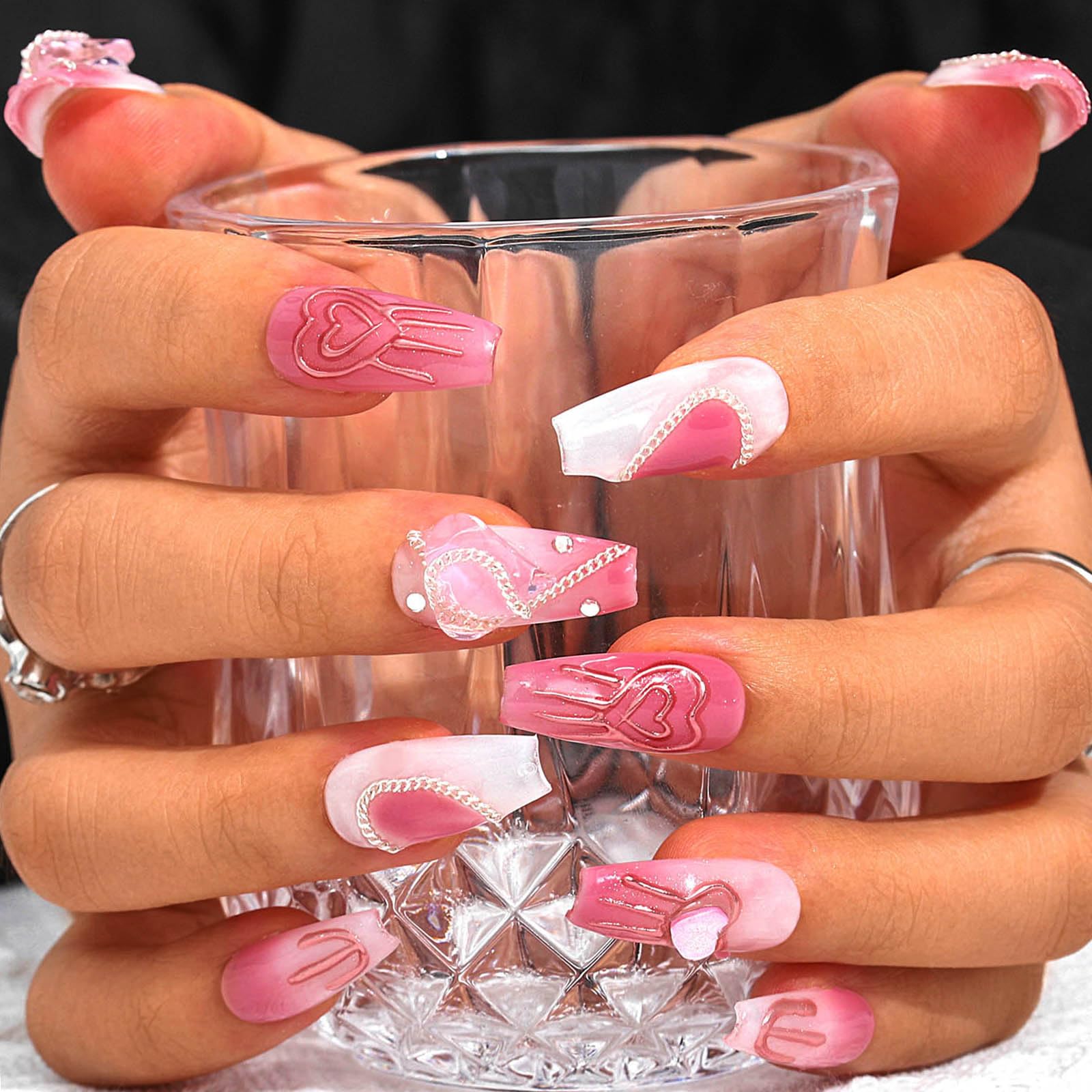 Sethexy Valentines Heart Nails Pink Handmade Coffin Valentines Day Fake Nail Rhinestone Glitter False Nails Crystal Press On Nails Glossy Valentines Acrylic Stick On Nail for Women and Girls 10PCS (F)