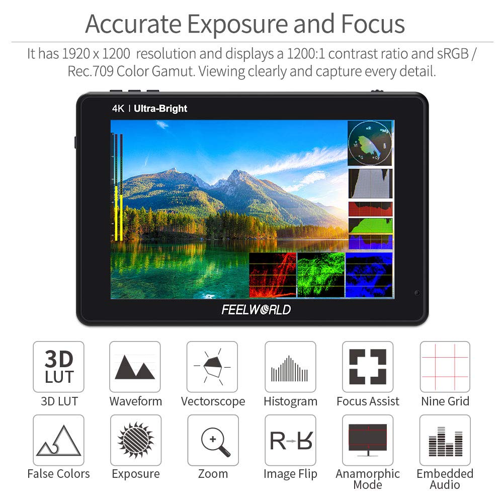 FEELWORLD LUT7S PRO 7 Inch Ultra Bright 2200nits DSLR Camera Field Monitor 3D LUT Touch Screen HDR Waveform F970 External Kit 4K HDMI 3G-SDI