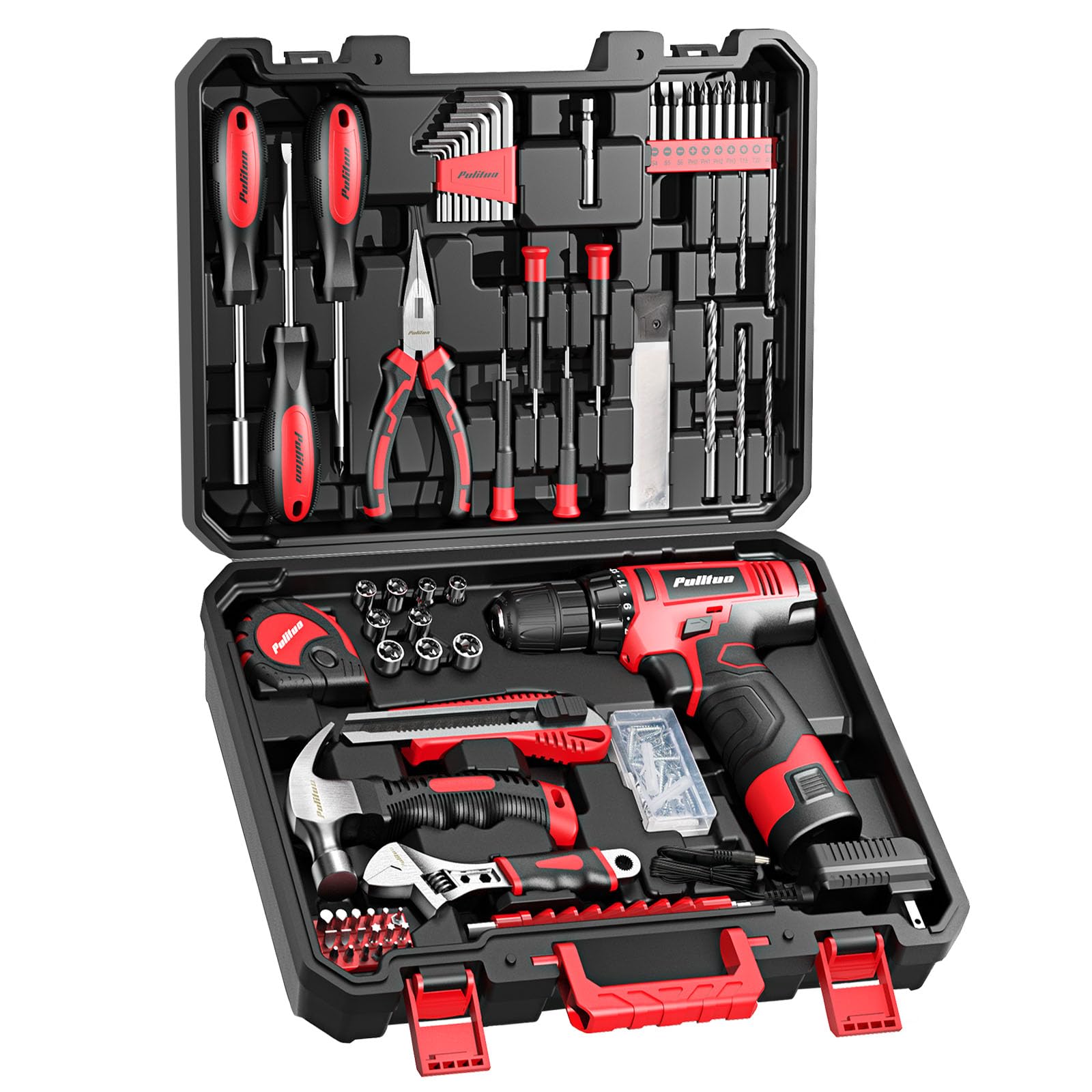PULITUO 149-Piece Home Drill Set with 12V Red Cordless Drill, Hand Tools, Tool Box for Women, Men, DIY Enthusiasts for Home Improvement. Image