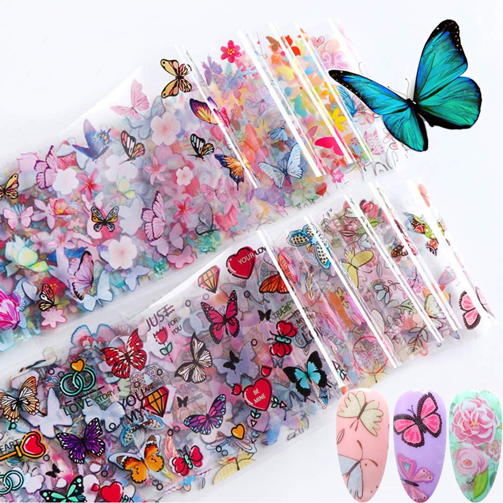 Kalolary 10 Sheets Butterfly Nail Art Foil Transfer Stickers Decals Flower Nail Foil Adhesive Stickers Starry Sky Manicure Transfer Tips Nail Art DIY Decoration Accessories Kit for Women: Beauty