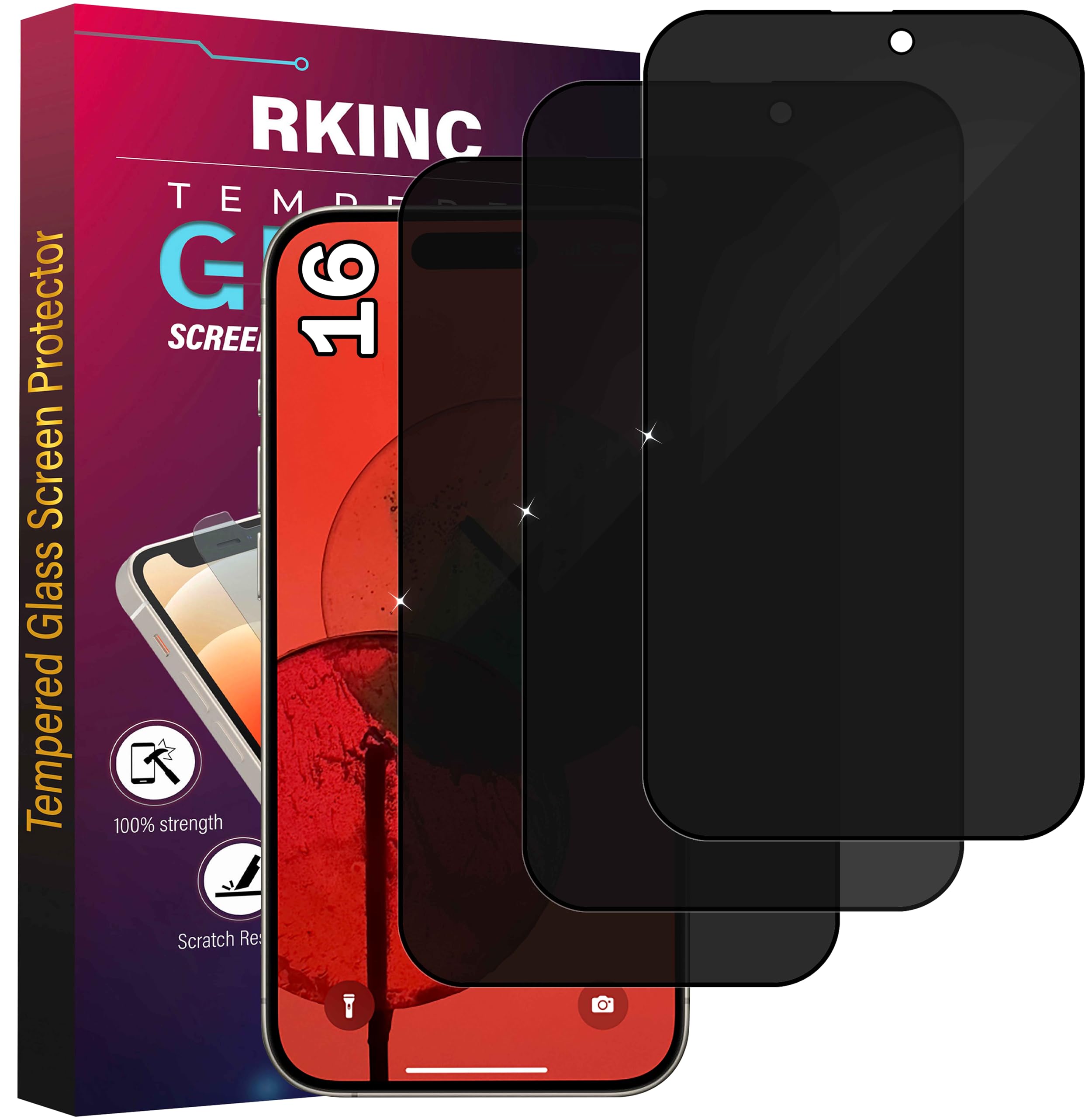 RKINC Screen Protector [3-Pack] for iPhone 16 6.1-Inch, Privacy Tempered Glass Film Screen Protector, [Anti Spy][LifetimeWarranty][Anti-Scratch][Bubble-Free]