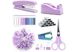 Purple Office Supplies Set, UPIHO Stapler and Tape Dispenser Set, Office Desk Accessories Kit with Stapler, Tape, Remover, Staples, Clips, Scissor and Tabs for Women, Clerks…