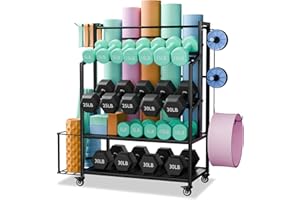 SKYPELIA 600LBS Dumbbell Rack Weight Stand - Adjustable Weight Rack for Dumbbells, Home Gym Storage Rack for Yoga Mat Foam Roller Kettlebells, Workout Equipment Storage Organizer With Wheels