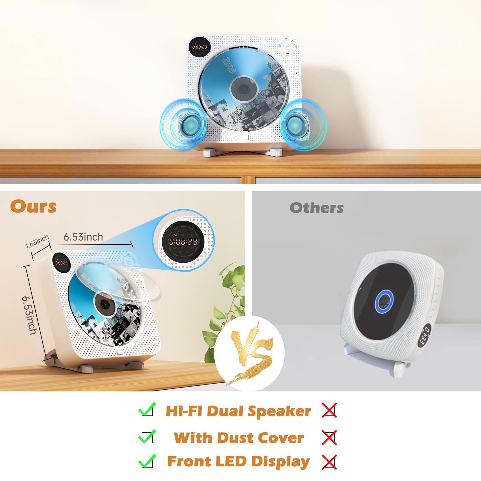 Desobry Portable Bluetooth CD Player with Speakers Wall CD Player for Home with Remote Control FM Radio Digital Screen Headphone Jack Support AUX