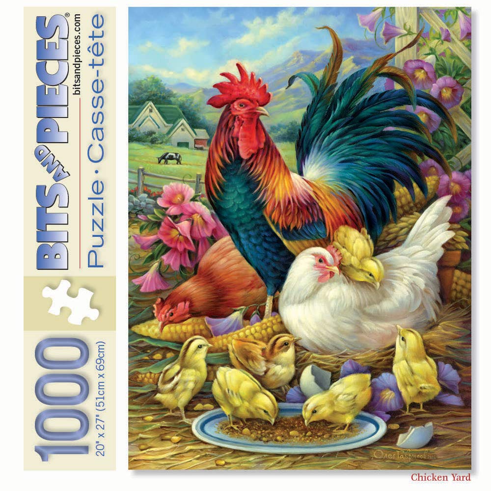 Bits and Pieces - 1000 Piece Jigsaw Puzzle for Adults 20" x 27" - Chicken Yard - 1000 pc Farm Feeding Chickens and Rooster Chicks Jigsaw by Artist Oleg Gavrilov