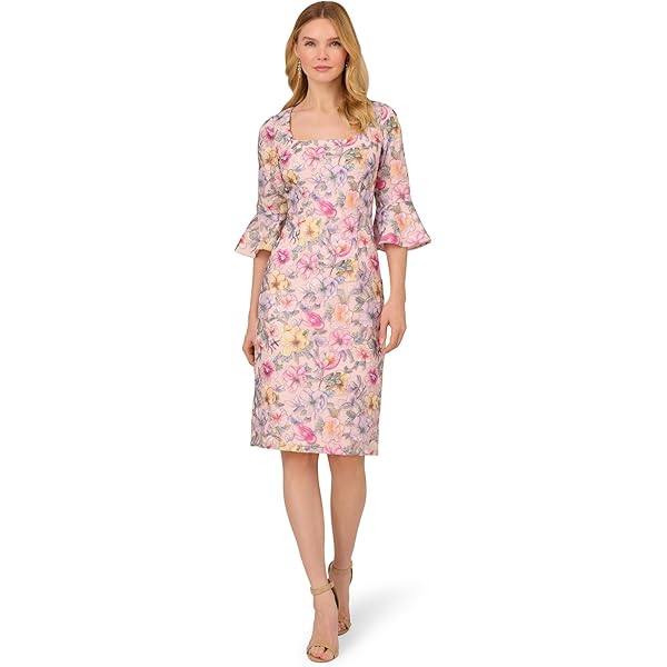floral embroidered bell sleeve sheath dress in blush multi Badgley Mischka Floral Cocktail Dress main image 1