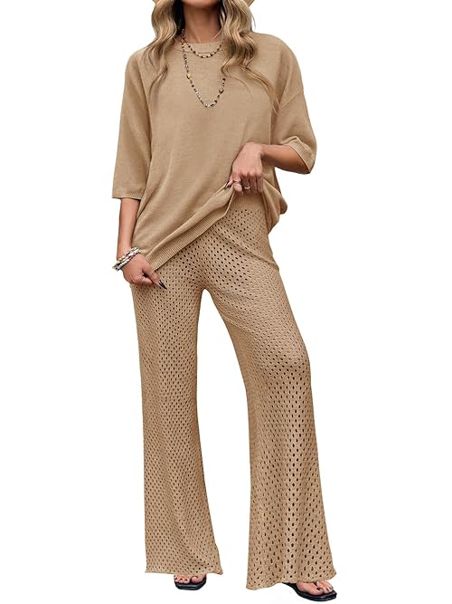 Tankaneo Women's Summer 2 Piece Swimsuit Cover up 3/4 Sleeve Tops and Flare Pant Set Bathing Suit Beach Outfit