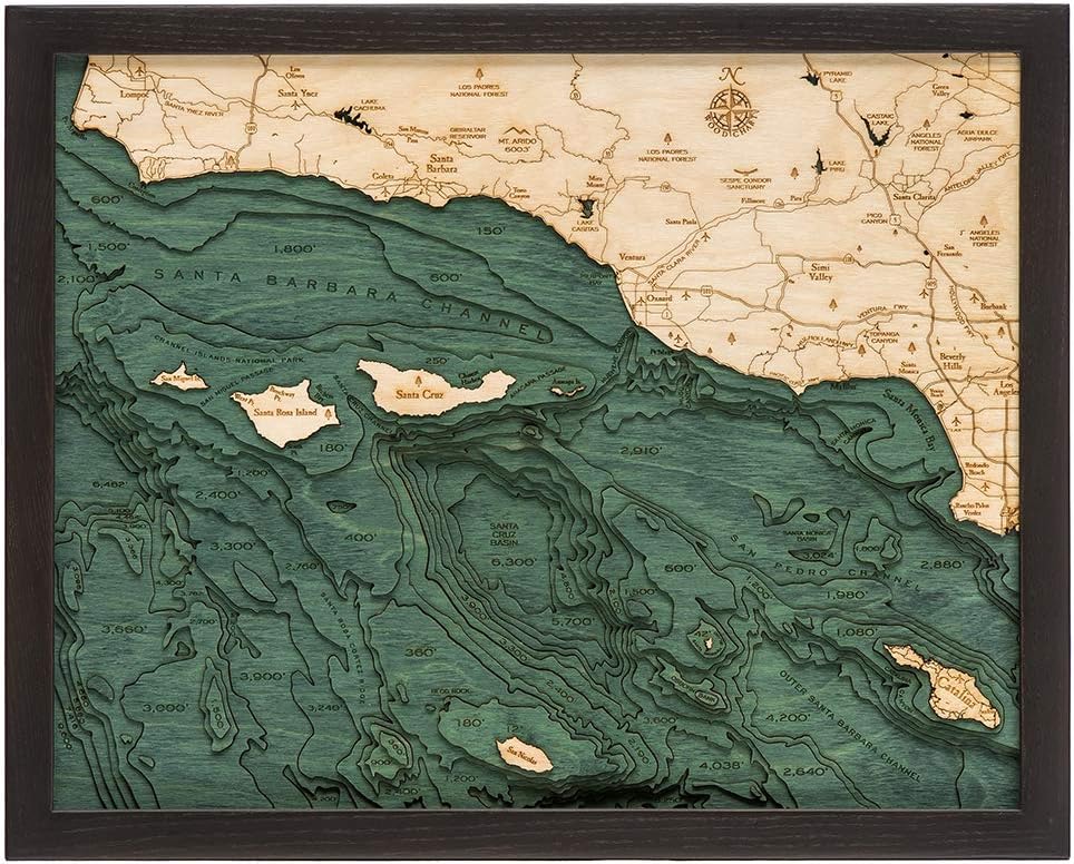 Santa Barbara/Channel Islands 3-D Nautical Wood Chart, 16" x 20"