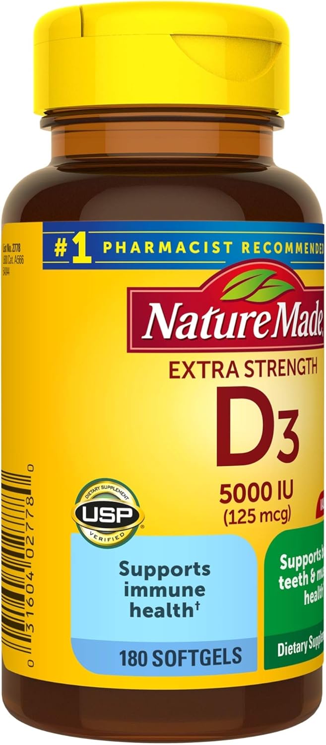 Nature Made Extra Strength Vitamin D3 5000 IU (125 mcg) Softgels, 180 Count for Bone Health† (Packaging May Vary): Health & Personal Care