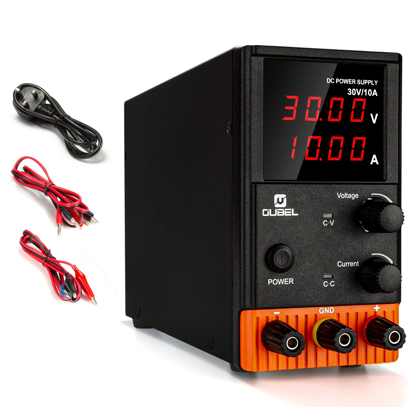 Adjustable DC Power Supply (0-30 V 0-10 A), OUBEL Mini Variable Switching Digital Bench Power Supply with 4-Digit LED Display/Alligator Cord/UK Power Cord（KPS3010P）