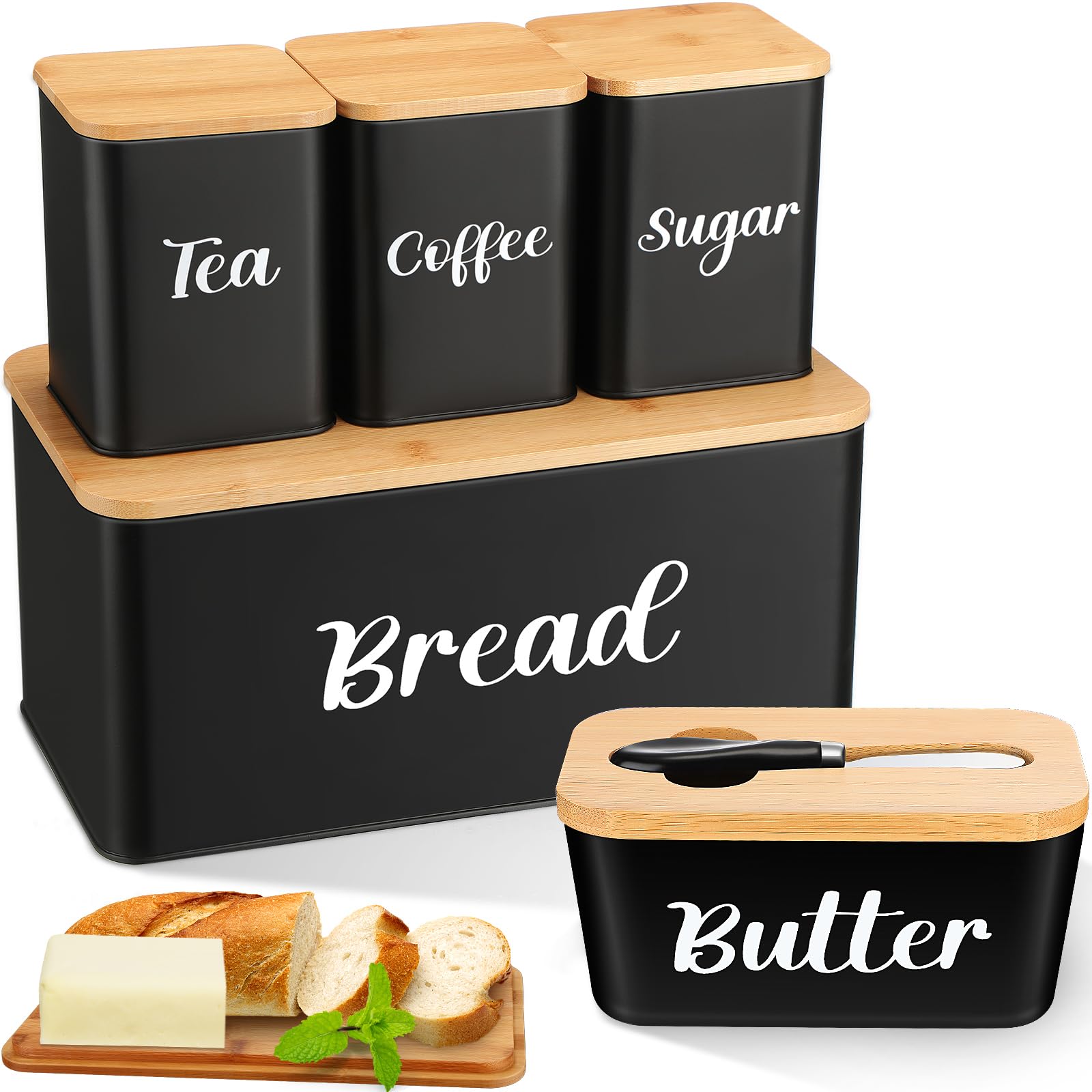 Photo 1 of **Missing the butter one** Domensi Metal Bread Box and Ceramic Butter Dish with 3 Airtight Kitchen Canisters Farmhouse Storage Canister Set for Kitchen with Bamboo Cutting Board Lid and Stainless Steel Butter Knife(Black)