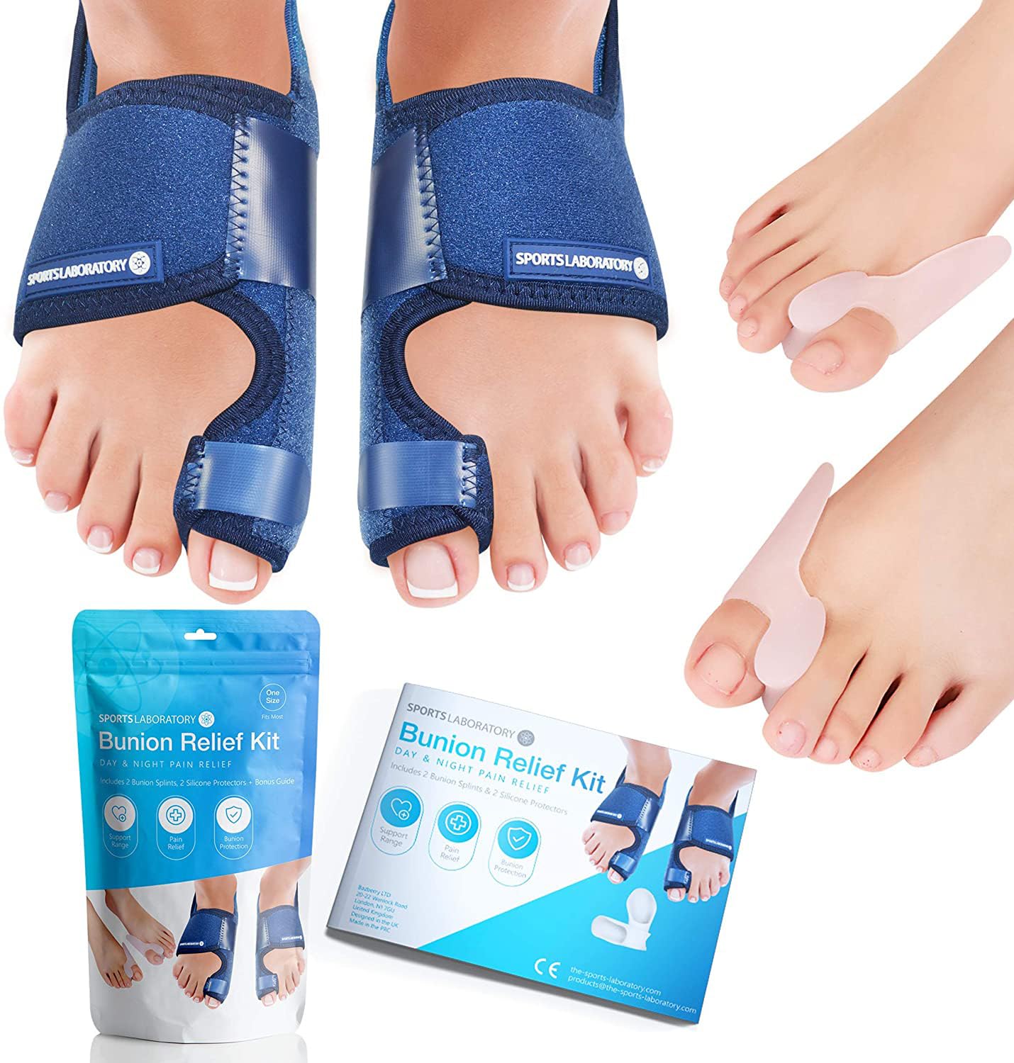 Sports Laboratory Bunion Corrector for Women and Men | Silicone Toe Separators | Toe Spacers | Toe Straighteners | Set: 2x Bunion Splints, 2x Big Toe Straighteners, 1x Bunion Relief Guide (Blue)