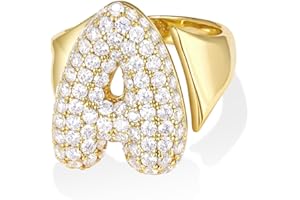 KissYan Bubble Initial Ring for Women, 14k Gold Plate Balloon Jumbo Letter Rings Open Adjustable Dainty Pave CZ Personalized Fashion Trendy Statement Jewelry Gift