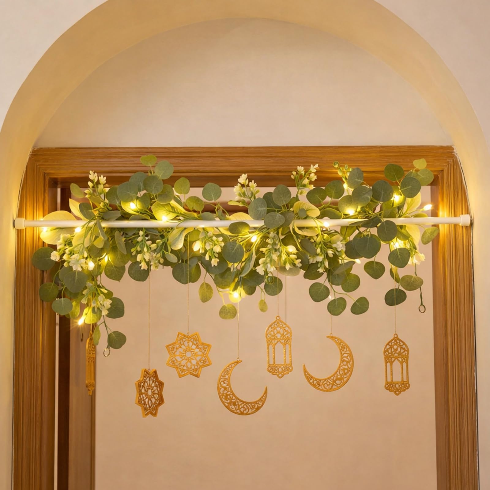 Photo 1 of Yookeer 9 Pcs Ramadan Decorations Eid Mubarak Home Decorations Ramadan Archway Decor Eid Mubarak Adjustable Doorway Garland with Light Islamic Wooden Moon Ornaments for Entryway Indoor Muslim Party