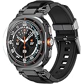amBand for Samsung Galaxy Watch Ultra (2025/2024) Bands for Men, Metal Connector Rugged Strap for Galaxy Watch 7 Ultra 47mm, Sport Accessories with 9H Tempered Glass Screen Protector - Black/Black