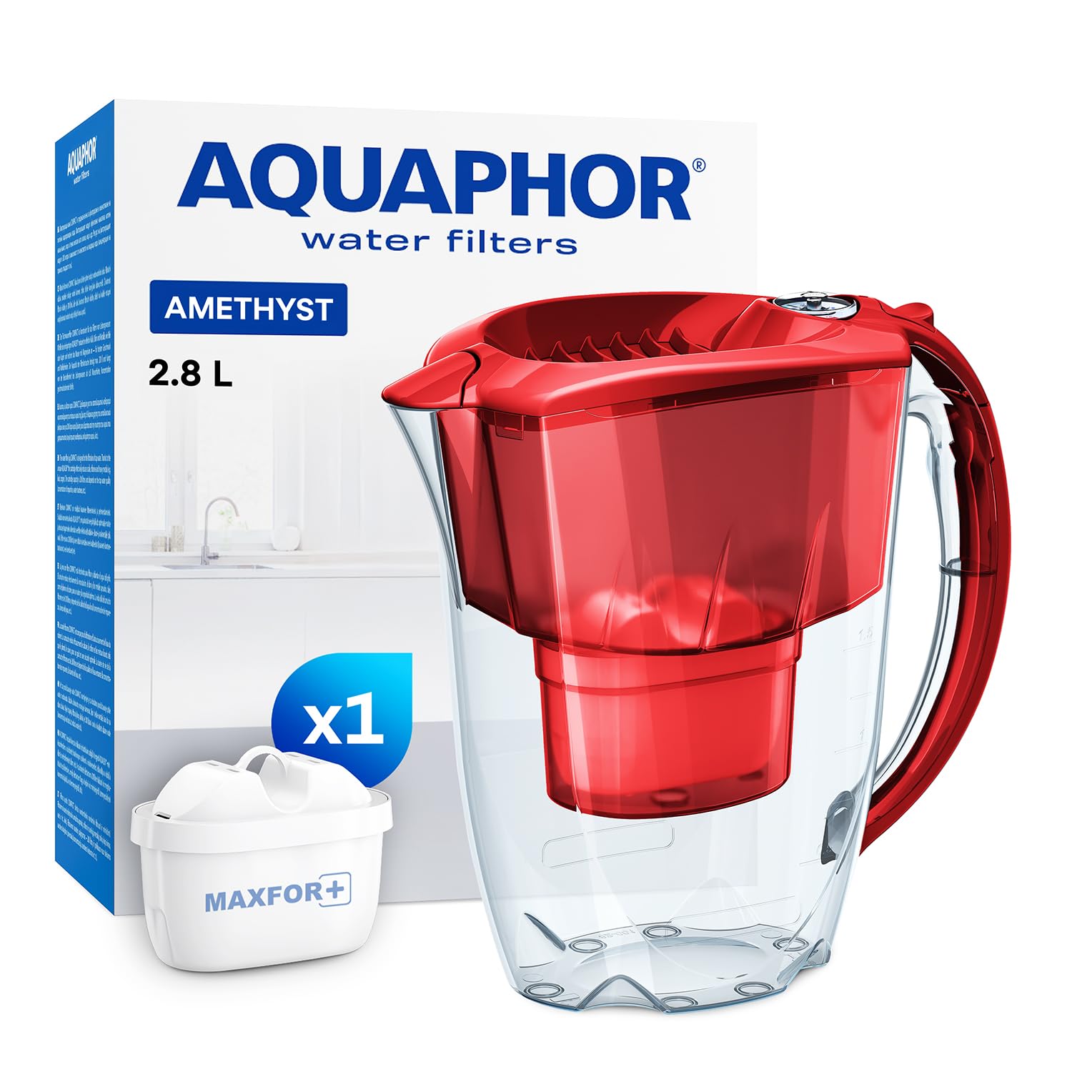 AQUAPHOR Water Filter Jug Amethyst with 1 X MAXFOR+ 200L Cartridge - Capacity 2.8L - Red