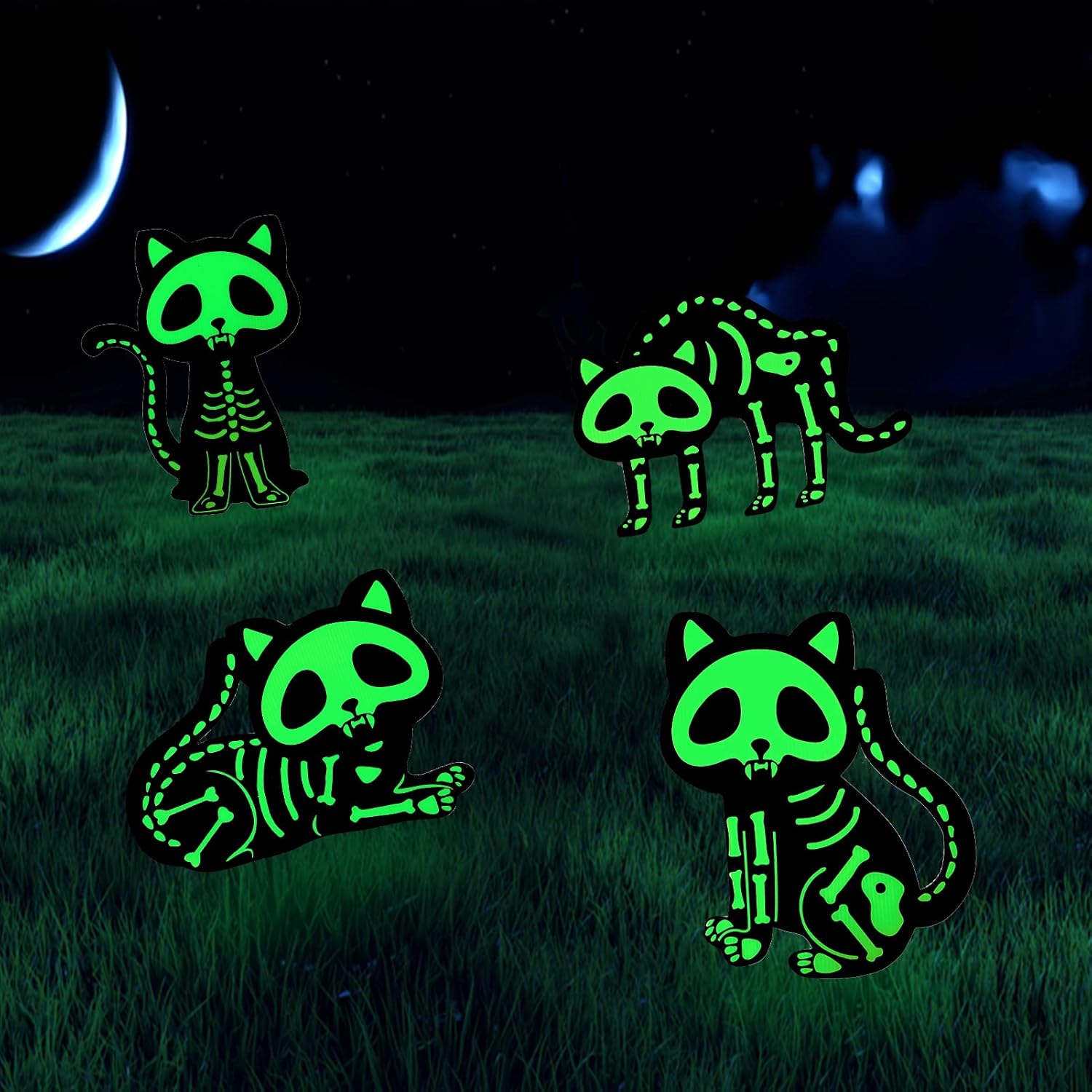 Yard Signs - 4 Pcs Halloween Yard Signs, Fluorescent Skeleton Cat Halloween Outdoor Decorations, Scary Cat Glow in the Dark Yard Signs Stakes Decorations, Plastic Halloween Decoration for Party Home Lawn Garden
