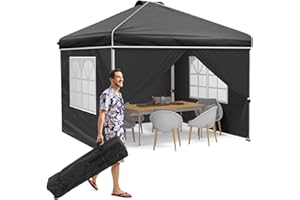 TINKLE WELL Patio Canopy 8'x 8'Pop up Instant Gazebo Tent, Outdoor Portable Shelter w/Sidewalls and Windows Sun Protection, 8 Stakes, 4 Ropes, 4 Double-Barrel and a Roller Bag(Black,8x8ft)