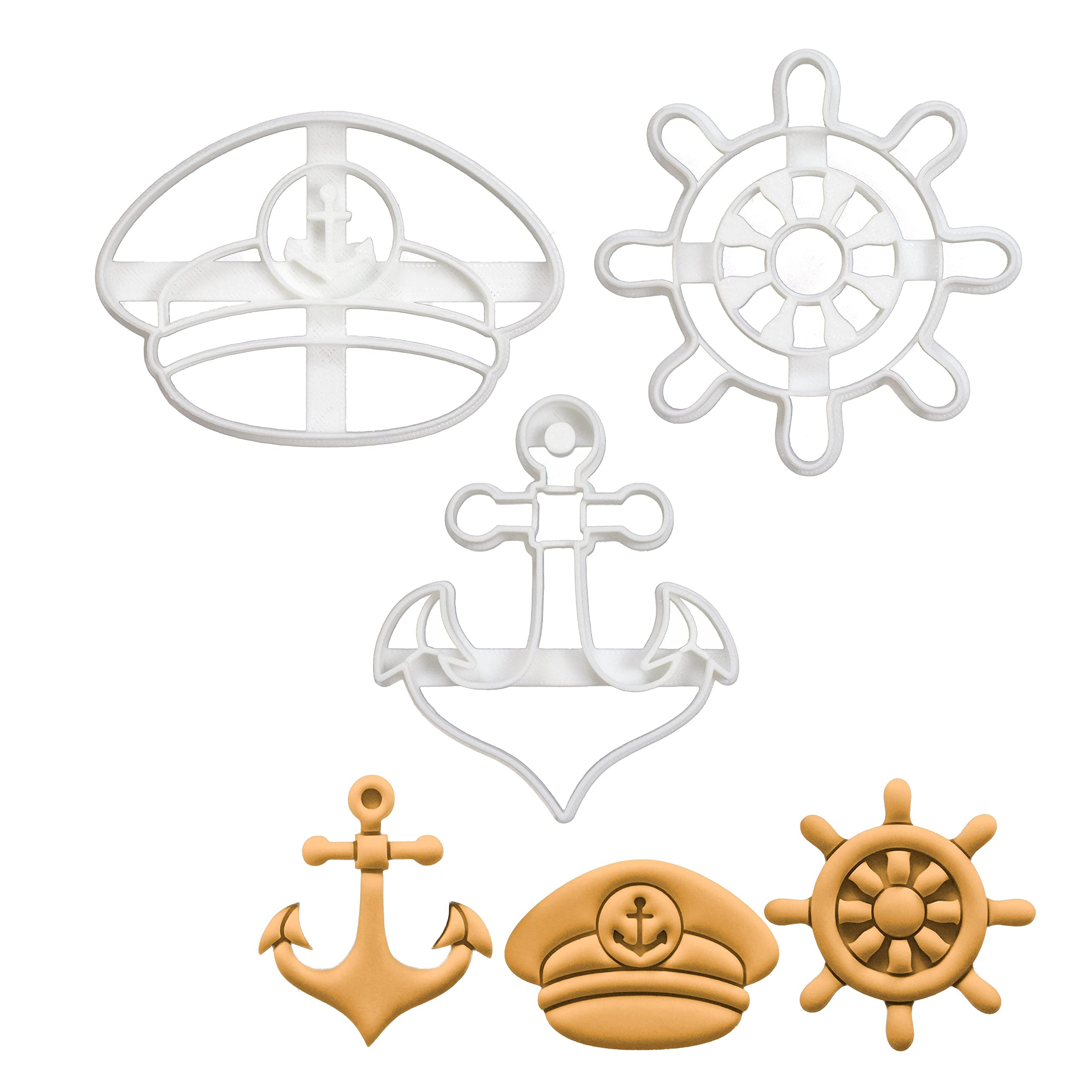 BAKERLOGY Set of 3 Nautical Cookie Cutters (Designs: Anchor, Captain's Hat and Ship's Wheel) - Detailed Biscuit Cutter Design for Baking and Crafts, Ideal on Fondant, Dough, Clay