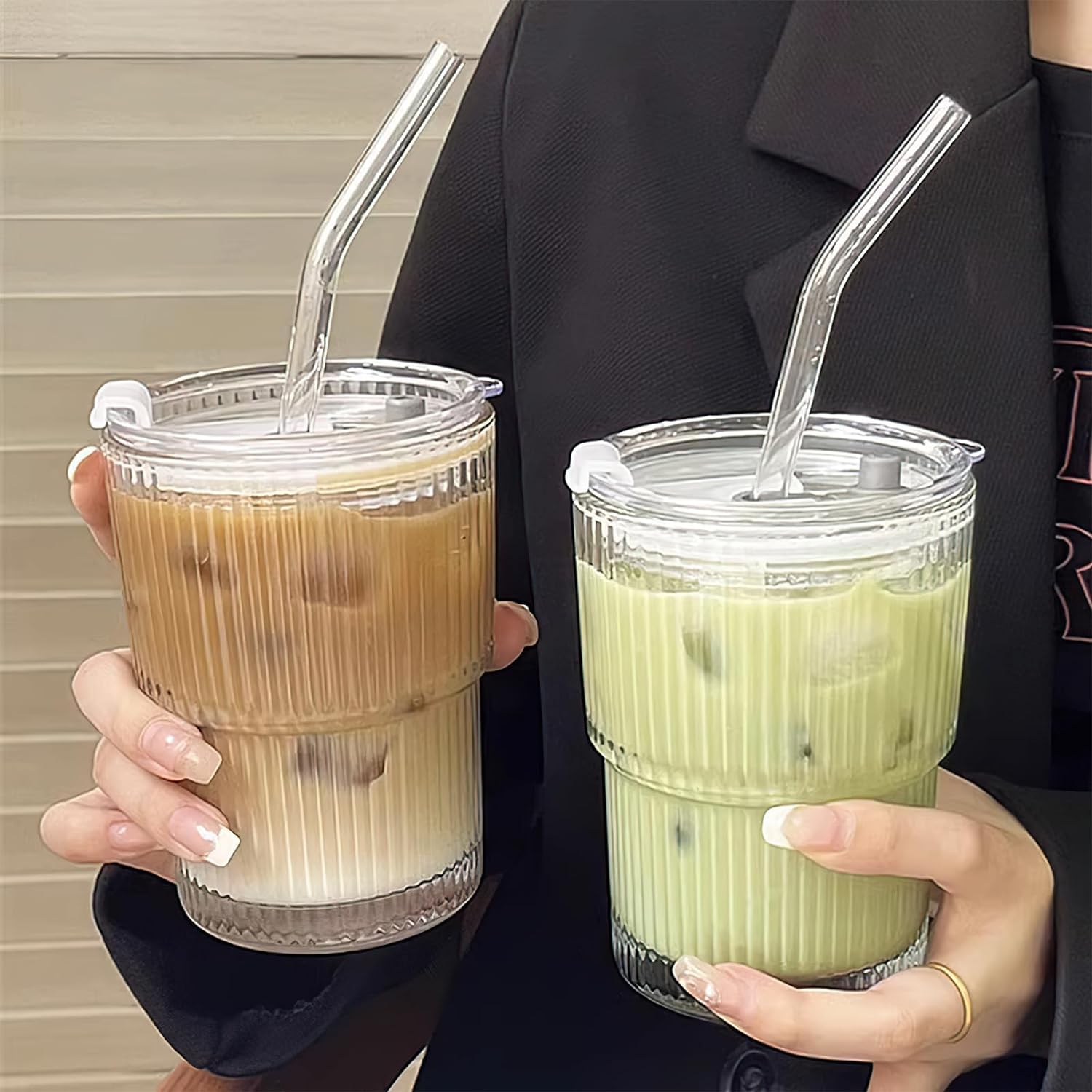 Pack of 2 400 ml Glass Cups with Lid and Straw, Smoothie Cup with Straw, Airtight Waterproof Design Travel Mug, Iced Coffee Glasses, Bubble Tea Beaker