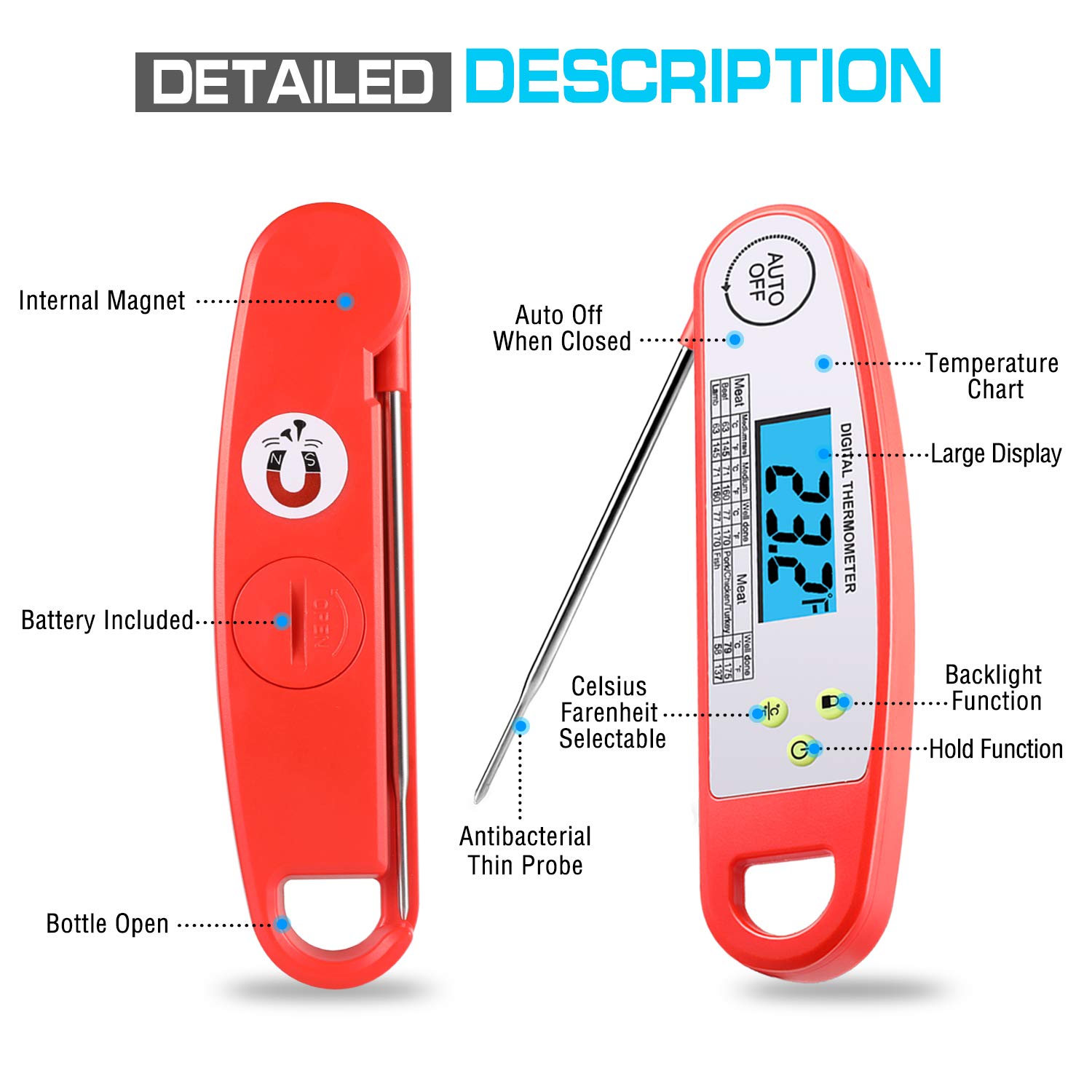 Austruke Instant Read Meat Thermometer-Waterproof Digital Meat Thermometer Super Fast Instant Read Thermometer with Backlight & Calibration. For Food, Candy, Milk, Tea, BBQ, Grill Smoker.