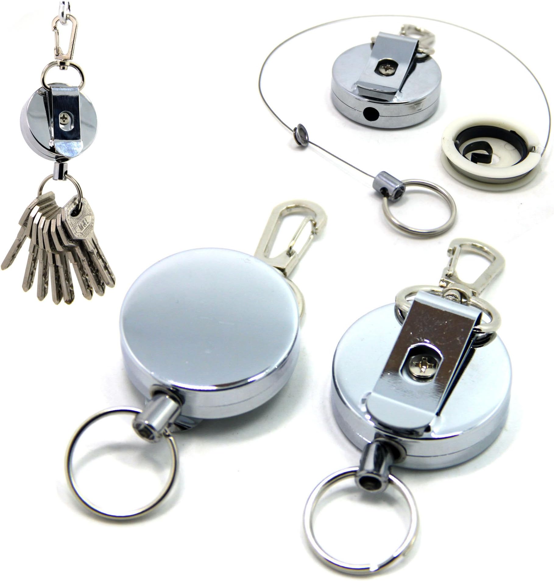 SAMS Metal Retractable Key Chain Keys Reel Badge Holder W/Belt Clip with Stainless Cable 2pcs Packed