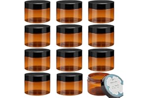 Qeirudu 4 oz Amber Plastic Jars with Lids and Labels, 12 Pack Empty Brown Body Butter Containers for Cosmetic, Body Scrub, Creams and Lotion