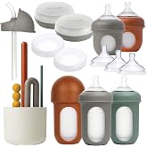 Boon Nursh Baby Bottle Gift Set with Mod Bottle Brush Set | Includes 4 Oz And 8 Oz Bottles, Storage Lids, Fast Flow Nipples, Storage Buns, Straw Lid, New Mom Gift, Feeding Set