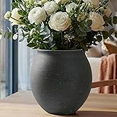 Black Ceramic Flower Vase Home Decor - Wide Mouth Round Farmhouse Planter Pot with Drainage Hole Rustic Living Room Entryway Kitchen Bedroom Decorations (9.7” H Charcoal Tone)
