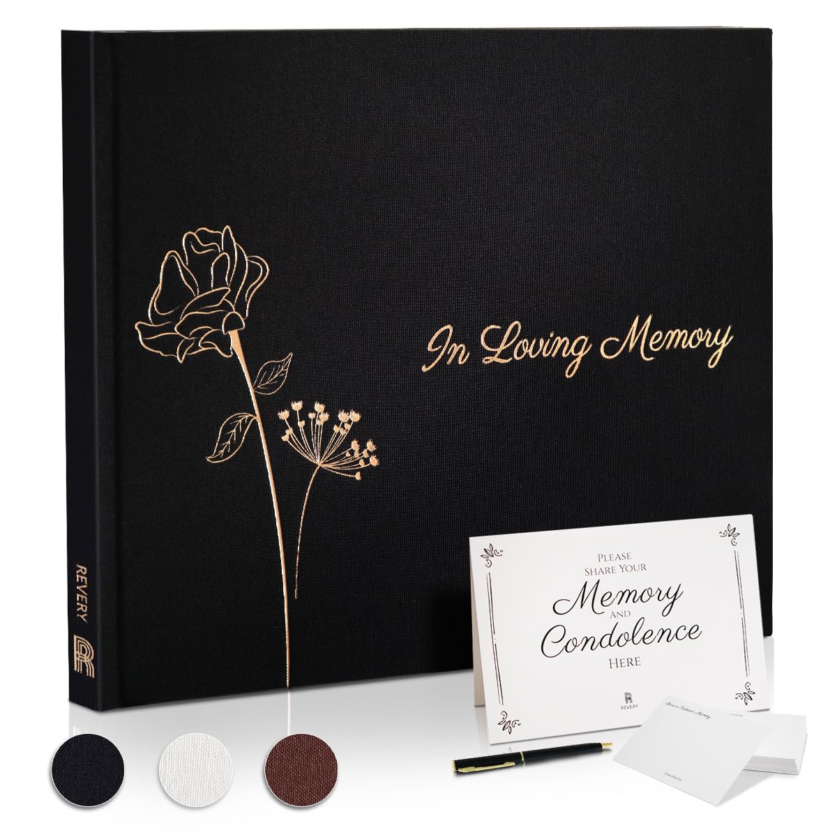 Photo 1 of Revery Funeral Guest Book for Memorial Service - with Pen, Cards, Table Sign & Back Pocket, Guests Sign in Book in Loving Memory | Celebration of Life Memorial Service Guest Book, Black Linen Cover