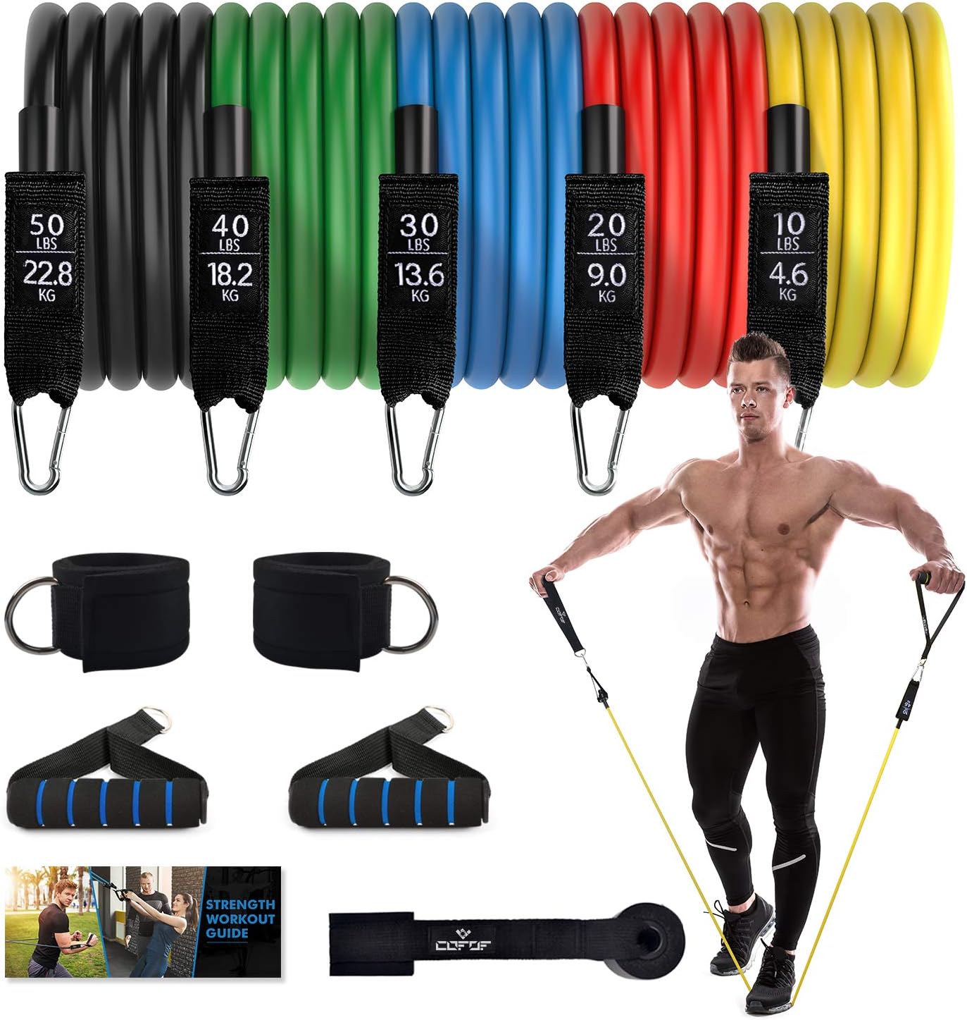 COOBONS Resistance Bands Set - Exercise Bands Includes 5 Stackable Workout Bands with Door Anchor, Legs Ankle Straps, Foam Handles & Carry Bag for Resistance Training, Physical Therapy, Home Workouts