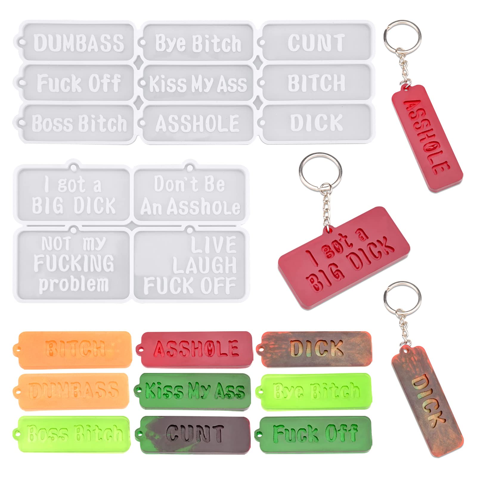 2 Pcs Swear Words Keychain Resin Mould Keychain Silicone Resin Molds with 20 Metal Rings DIY Epoxy Resin Mold Kit Bad Words Silicone Sign Moulds Keyring Making Kit for Keychain Decor Car Pendant Gift
