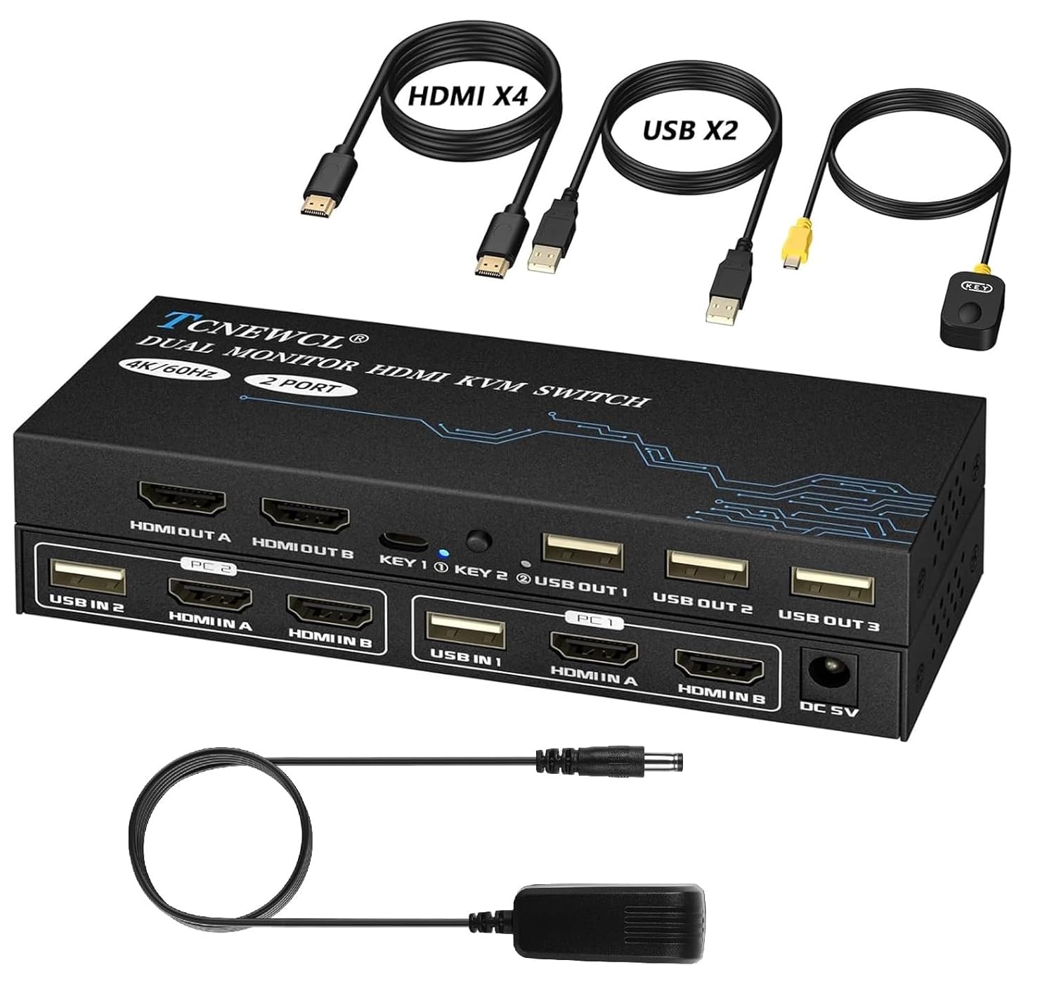 Dual Monitor HDMI KVM Switch with UK Powered Supply, 4K@60Hz Switcher for 2 Monitors 2 Computers, Included 4 HDMI Cable and 2 USB Cable