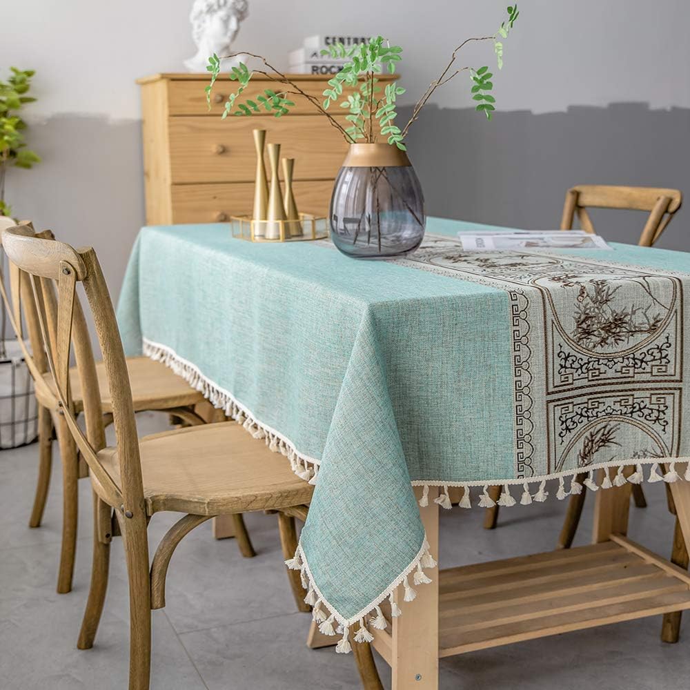 Tablecloth 55 x 118 Inch, Tassel Rectangle Table Cloth Cotton Linen Wrinkle Free Anti-Fading Tablecloths Washable Embroidery Table Cover for Kitchen Dining (Rectangle/Oblong, 55''x118'', Green 01)