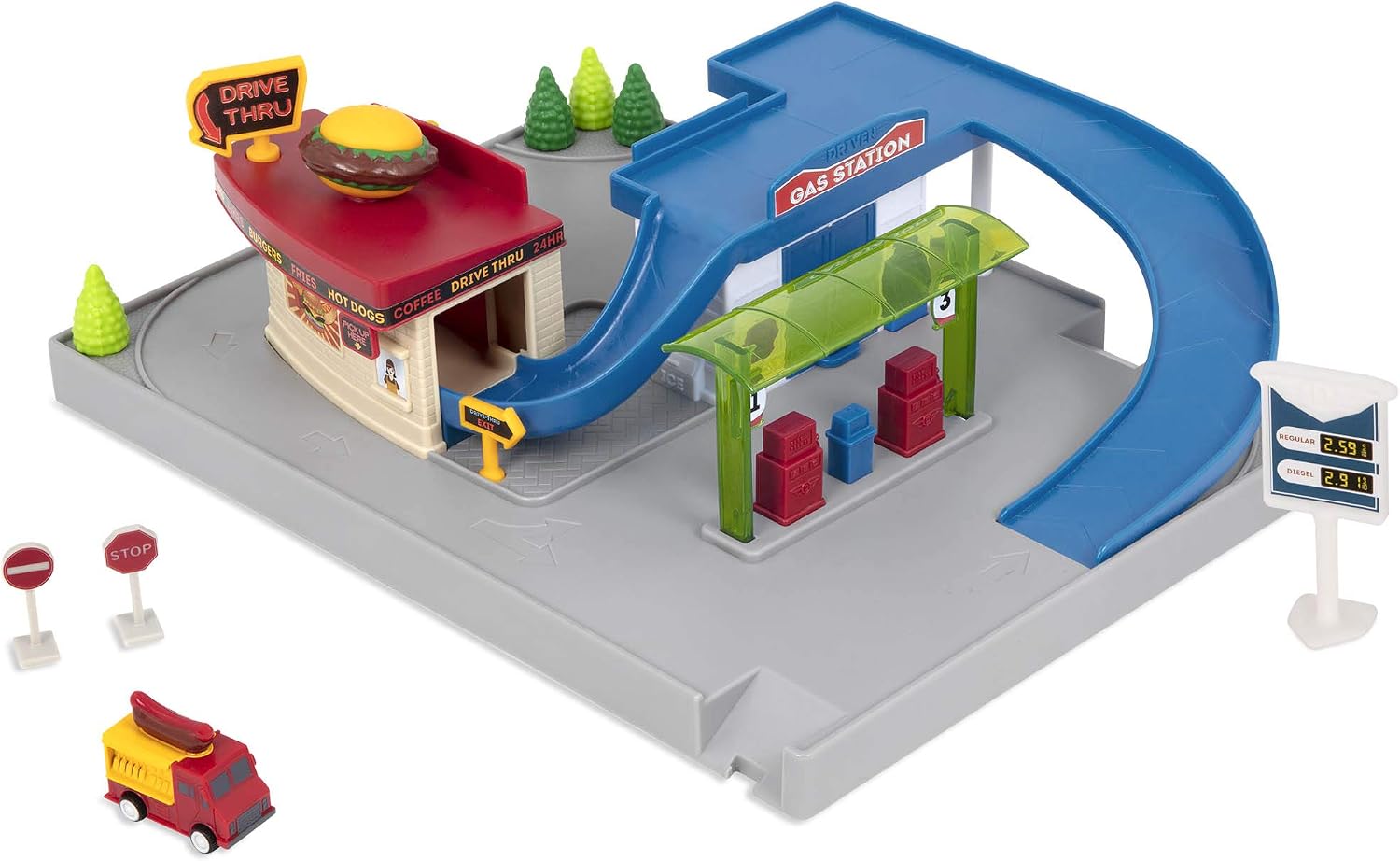 Driven by Battat, Gas Station & Drive-Thru Restaurant Playset with Food Truck, Toy with Moving Parts