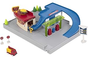 Driven by Battat – Gas Station & Drive-Thru Restaurant Playset – Toy Car Accessories for Kids – 5-Piece Set with Toy Food Truck – Toy Car Playset – 3 Years + – Pocket Dine & Drive Pit Stop (5pc)