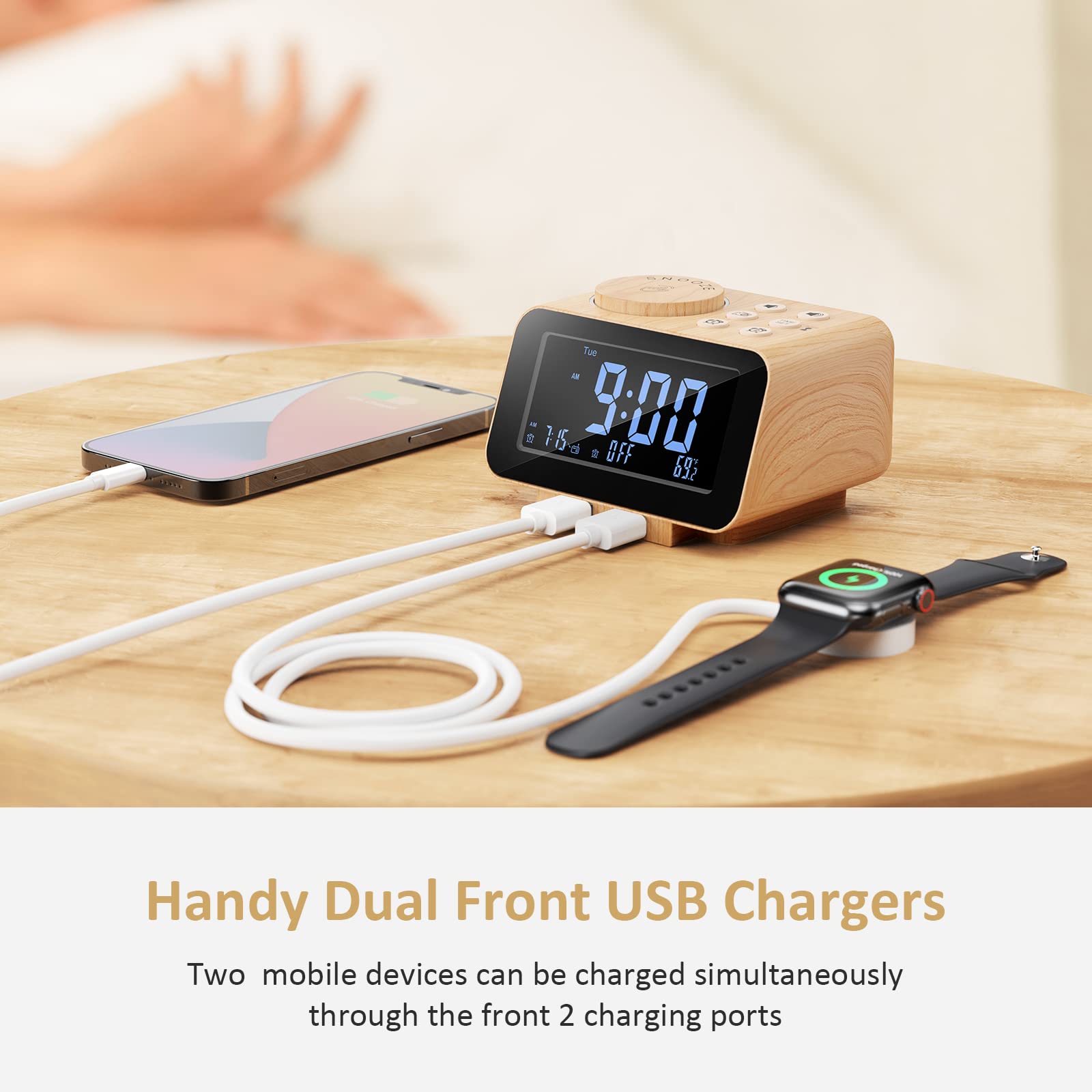 USCCE Digital Alarm Clock Radio - 0-100% Dimmer, Dual Alarm with Weekday/Weekend Mode, 6 Sounds Adjustable Volume, FM Radio w/Sleep Timer, 2 USB Charging Ports, Thermometer, Battery Backup(Wood Grain)